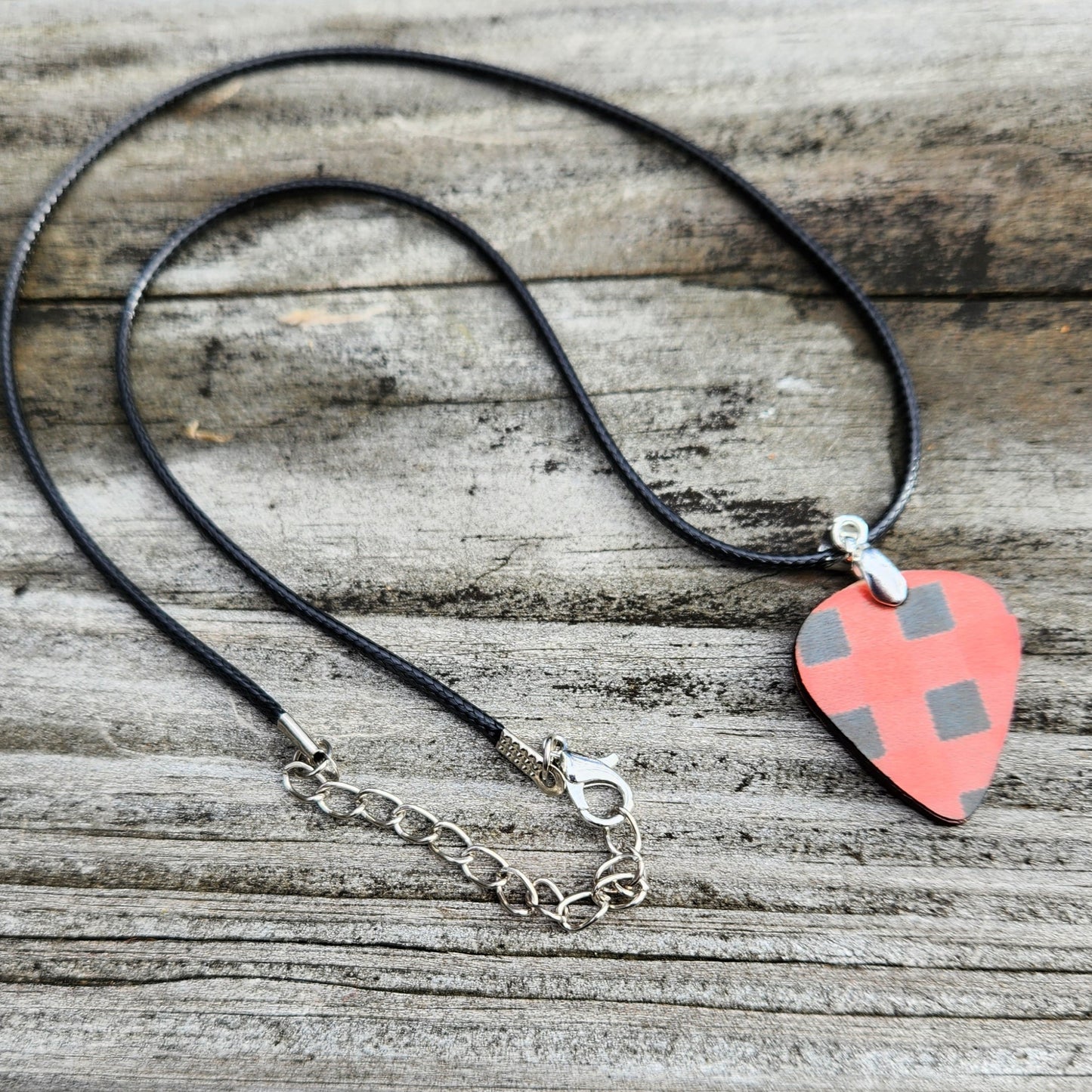 Necklace, Earrings or both - Guitar pick shaped, wood engraved FF, red plaid on back