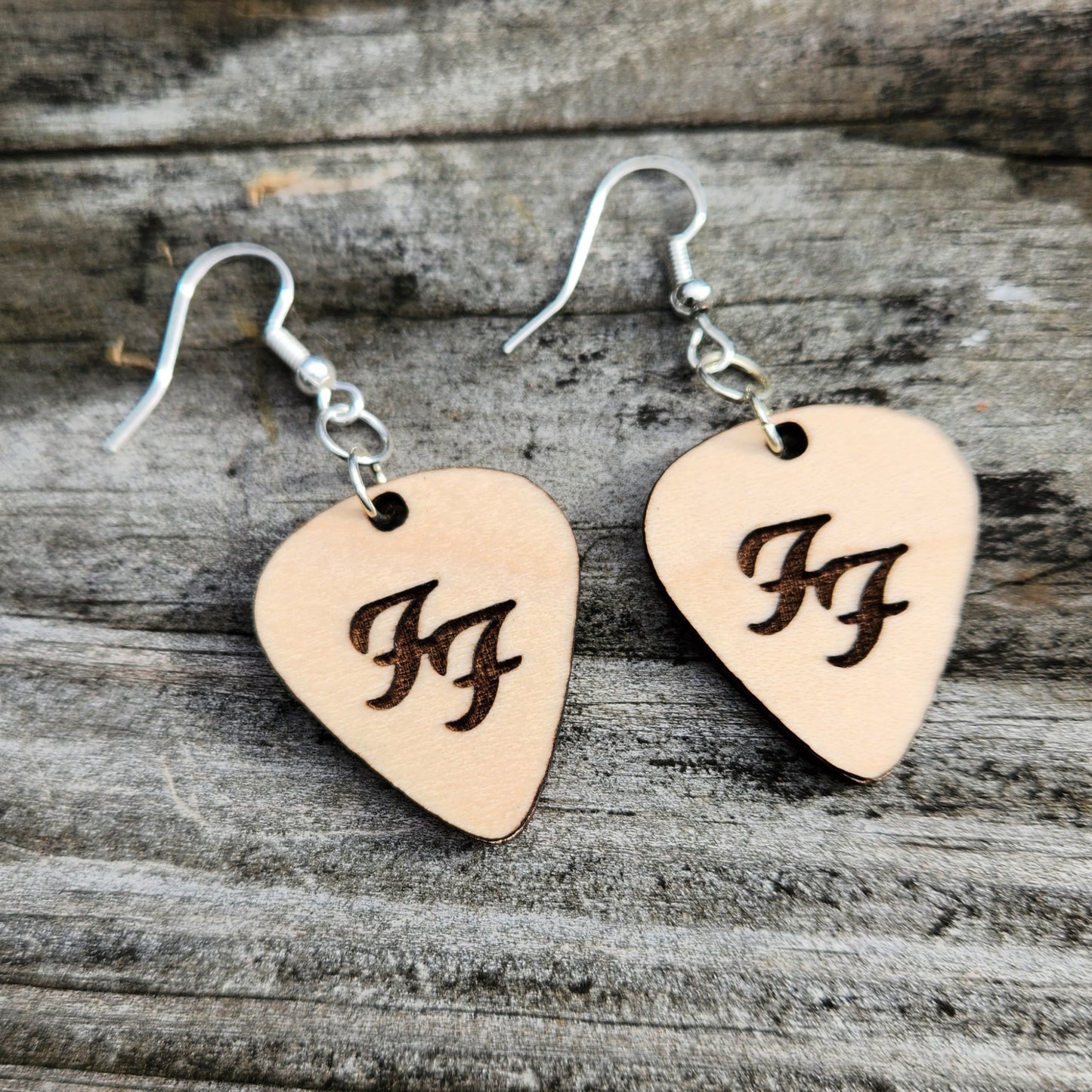 Necklace, Earrings or both - Guitar pick shaped, wood engraved FF, red plaid on back