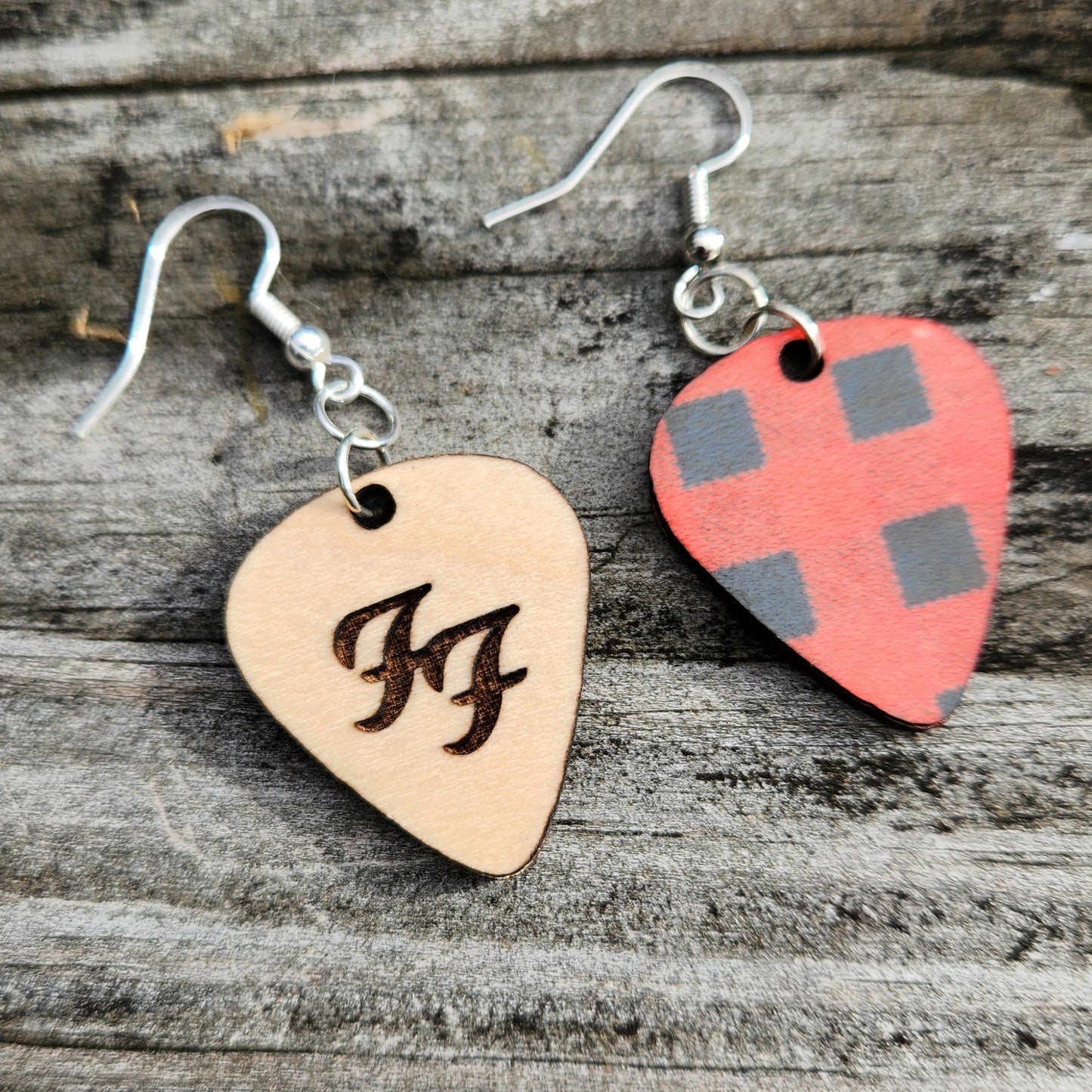 Necklace, Earrings or both - Guitar pick shaped, wood engraved FF, red plaid on back