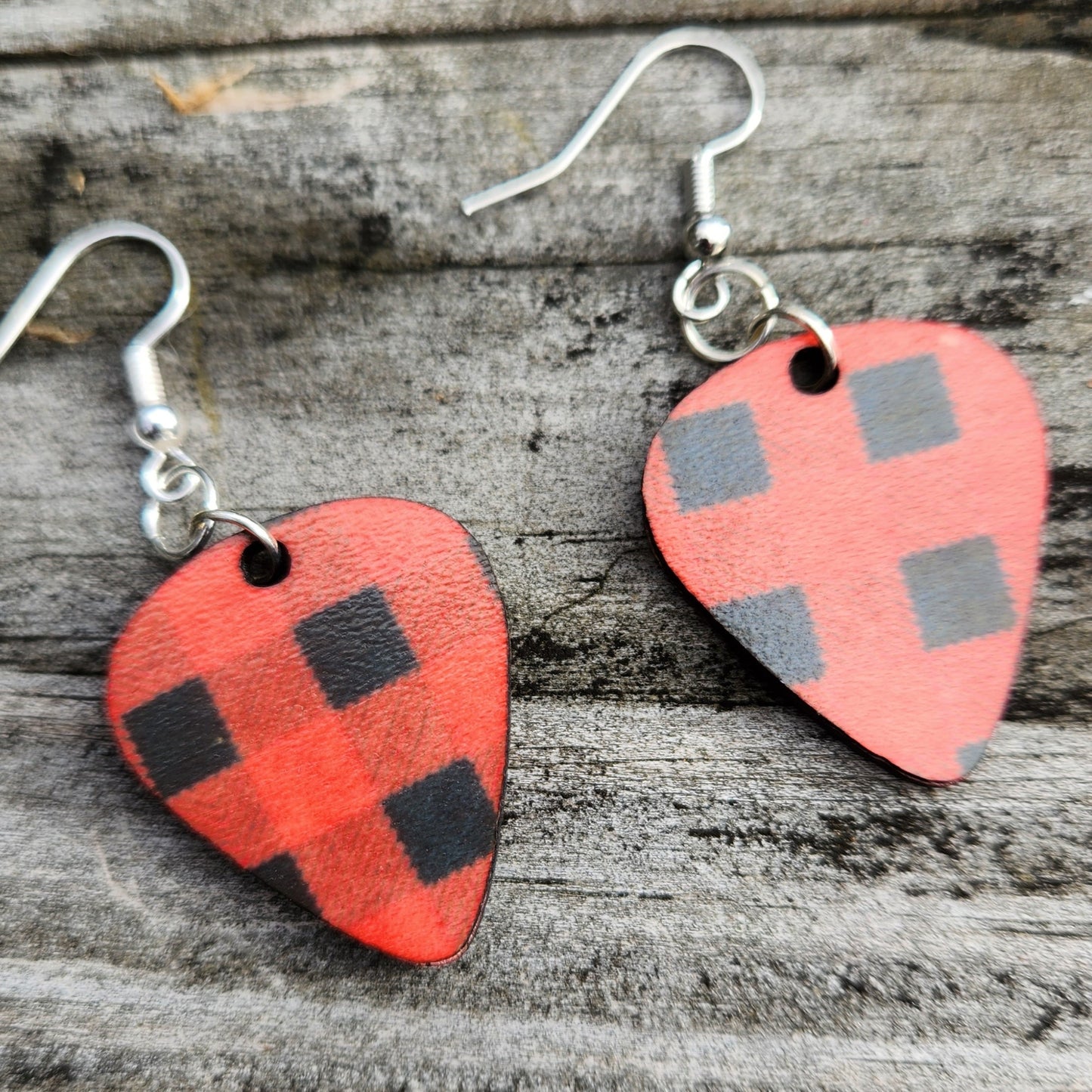 Necklace, Earrings or both - Guitar pick shaped, wood engraved FF, red plaid on back