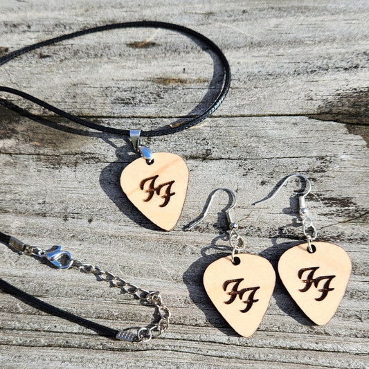 Necklace, Earrings or both - Guitar pick shaped, wood engraved FF, red plaid on back